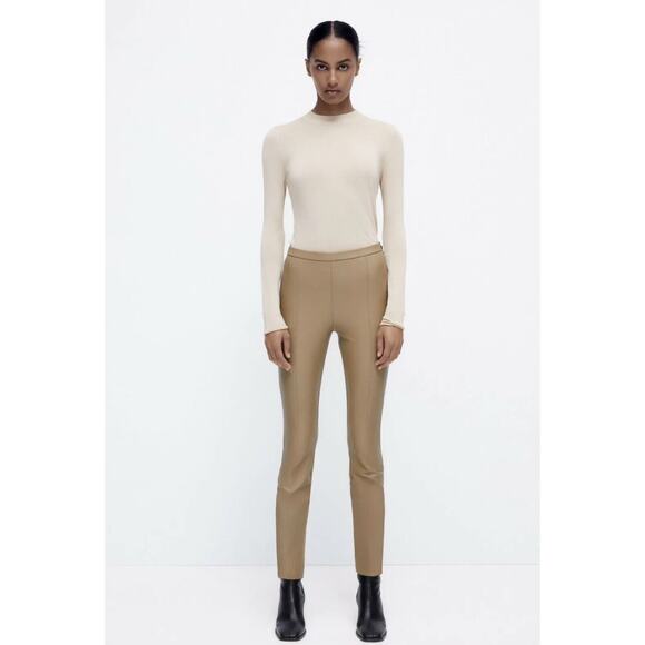 Zara Faux Leather Leggings XS Camel Brown High Waist‎ Zipper Ankle Skinny Career - Picture 16 of 16
